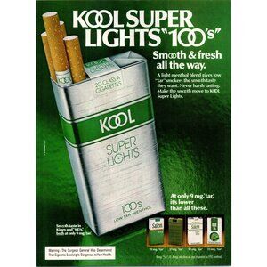 1979 Kool Super Lights 100s Menthol Cigarettes Vintage Print Ad 70s Wall Art
